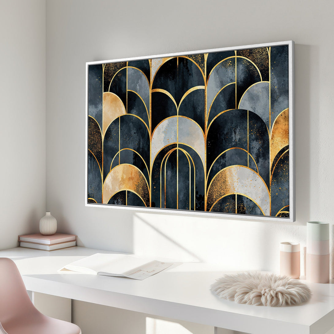 Framed Wall Art: Abstract geometric design in navy, gold, and gray. Modern canvas print adds elegance to any space. Shop now!