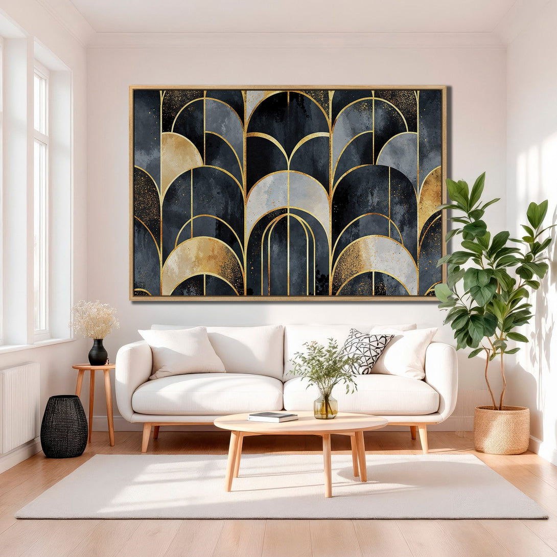Framed Wall Art featuring an Art Deco design with a gold, black, and gray color palette. Modern canvas print for living room decor.