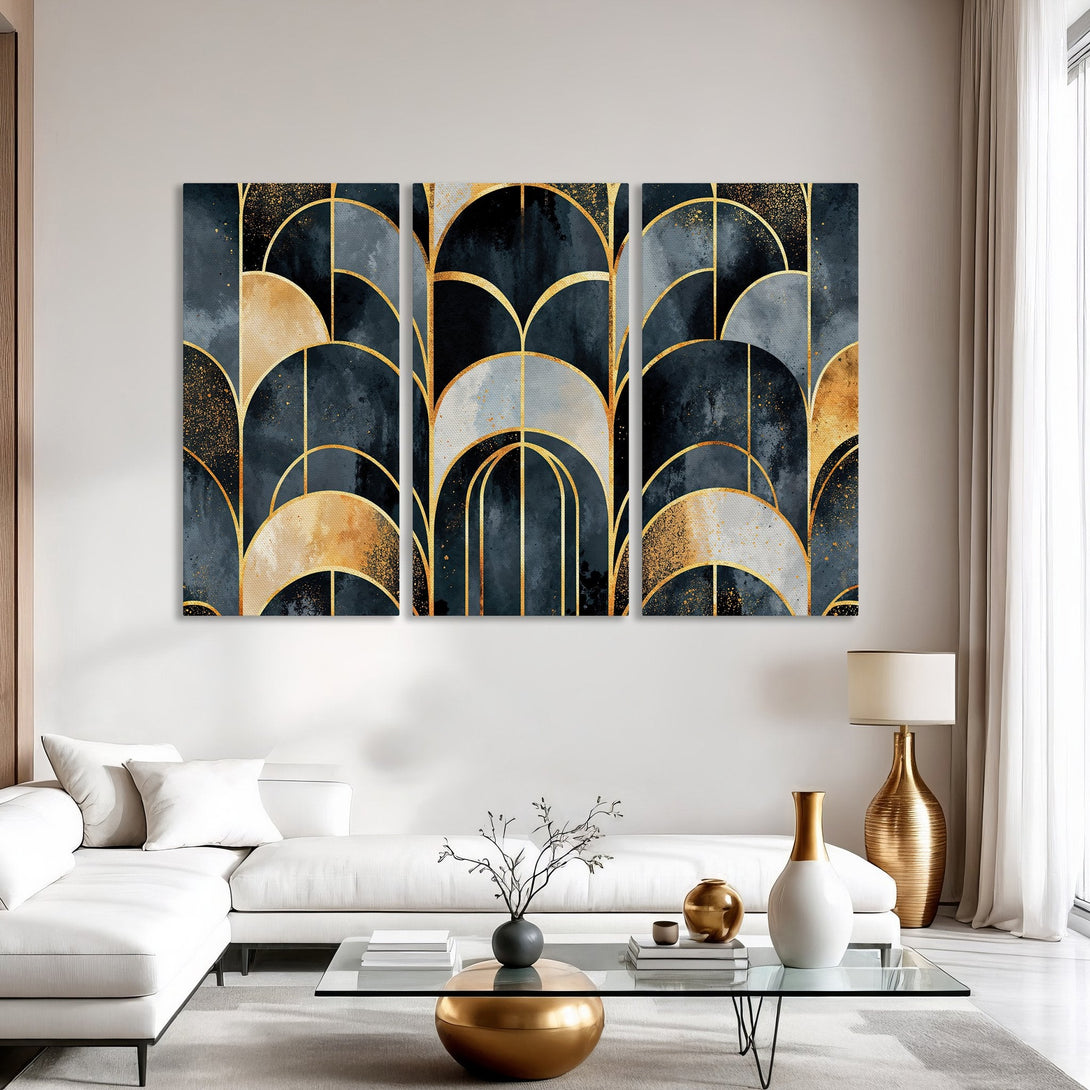 Abstract Canvas Print in Art Deco style with gold accents and a navy, gold, and gray color palette, perfect for modern home decor.