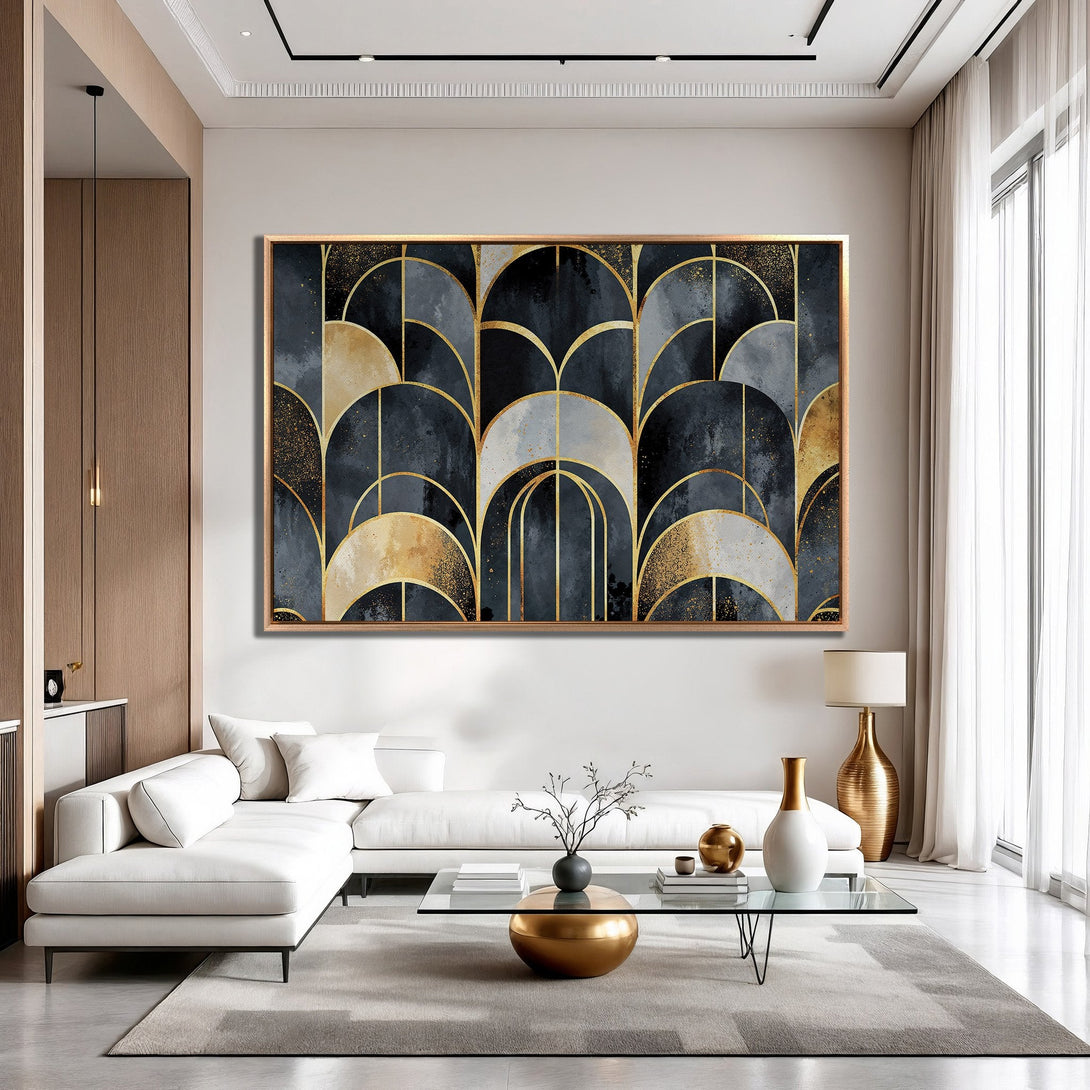 Framed Wall Art: Abstract geometric design in navy, gold, and gray. Modern canvas print adds elegance to living room decor. Shop now!