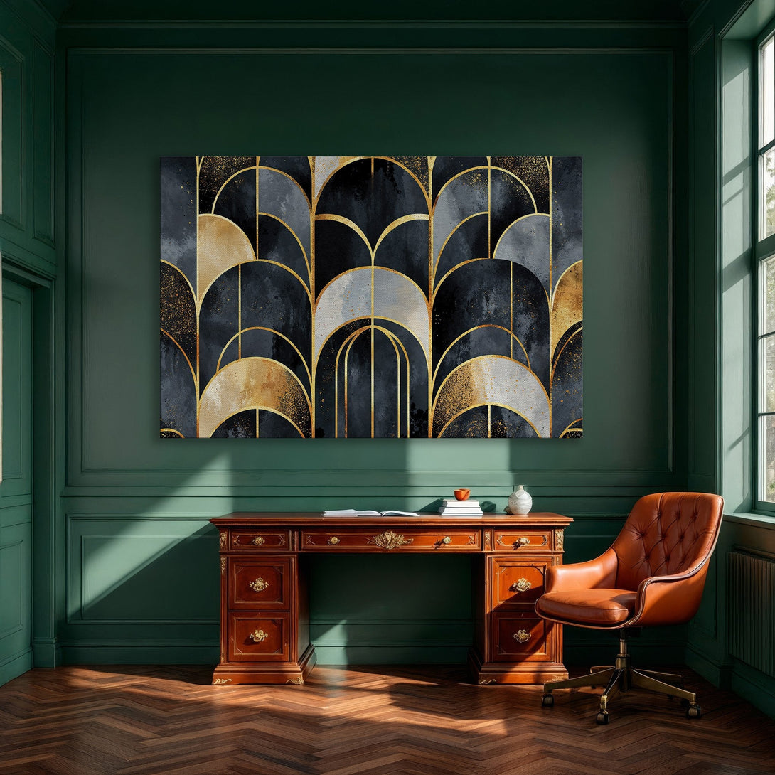 Framed Wall Art: Abstract geometric design in navy, gold, and beige. Modern art canvas print adds elegance to dining room decor.