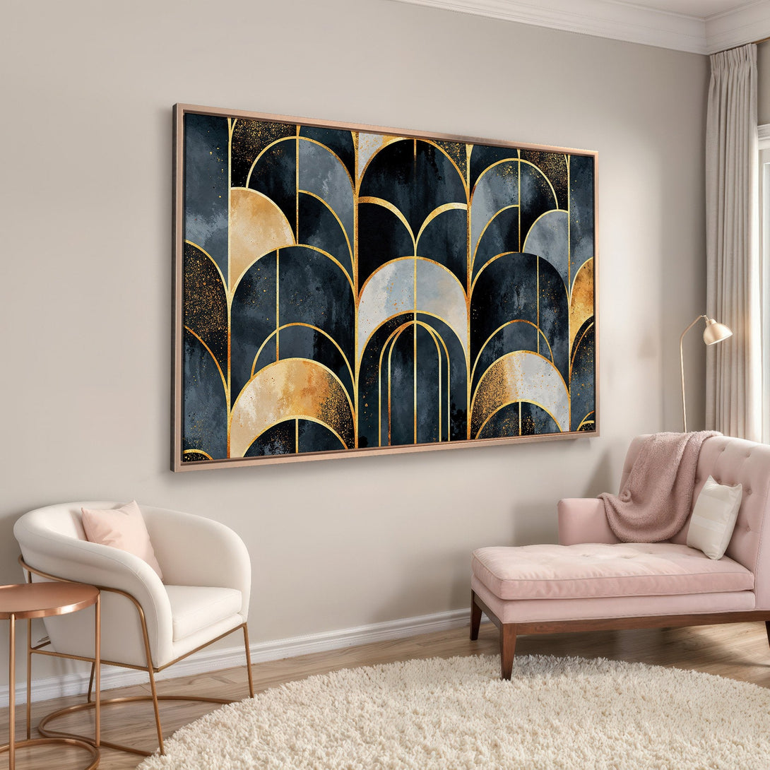 Framed Wall Art: Abstract geometric design in navy, gold, and beige. Modern art print for stylish home decor.
