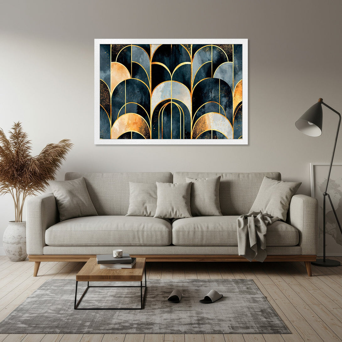 Framed Poster featuring an abstract geometric design in navy, gold, and beige. Modern art style for home decor.