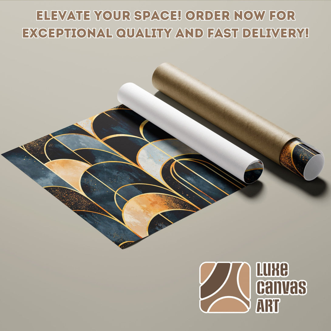 Abstract art deco Poster Roll in navy, gold, and beige. Elevate your space!