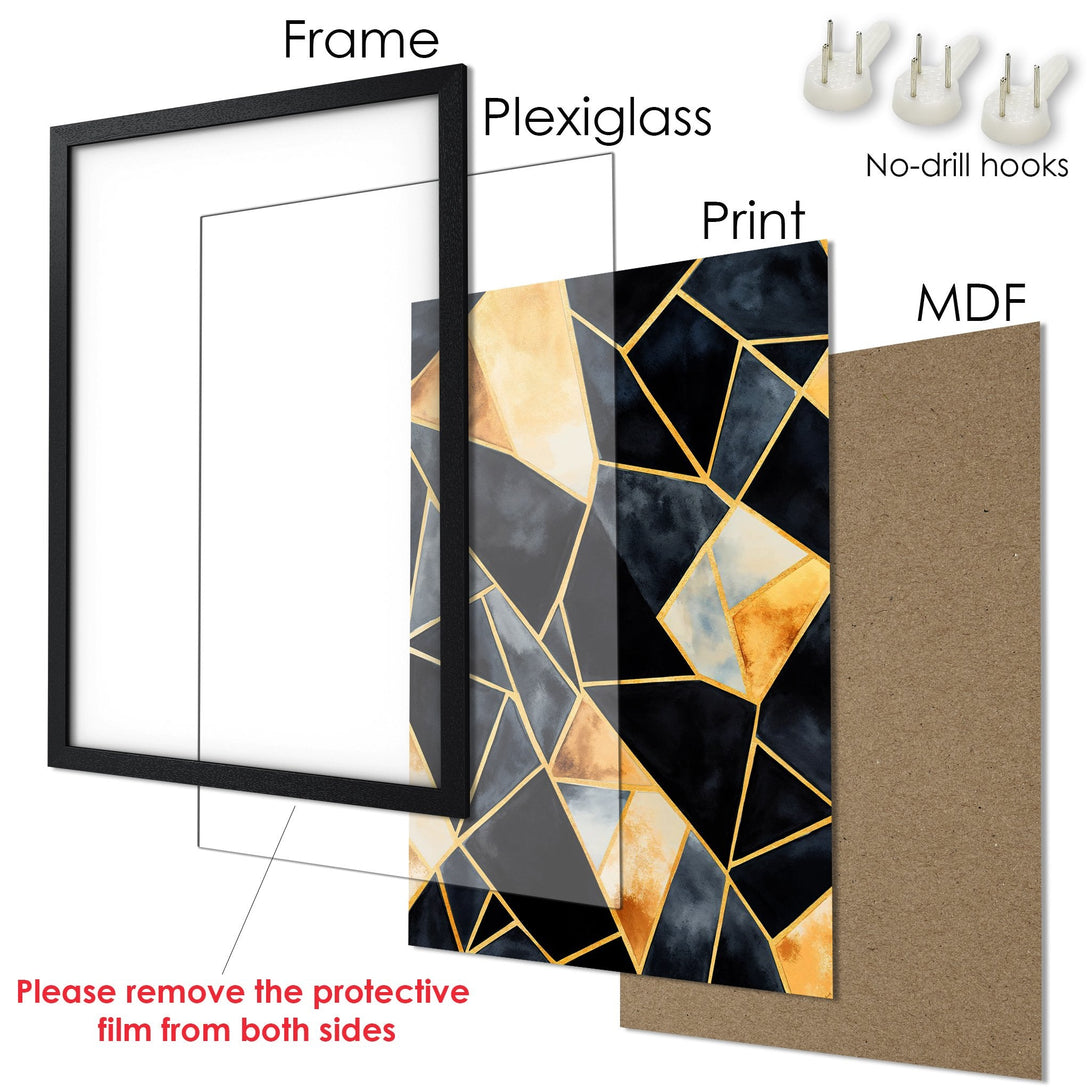 Framed Poster featuring a geometric abstract design in a black, gold, and gray color palette. Modern art for your home decor.