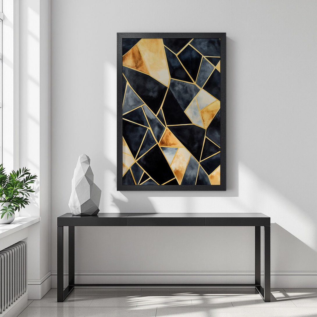 Framed Poster featuring a geometric abstract design in navy, gold, and neutral tones. Modern art style, perfect for home decor.