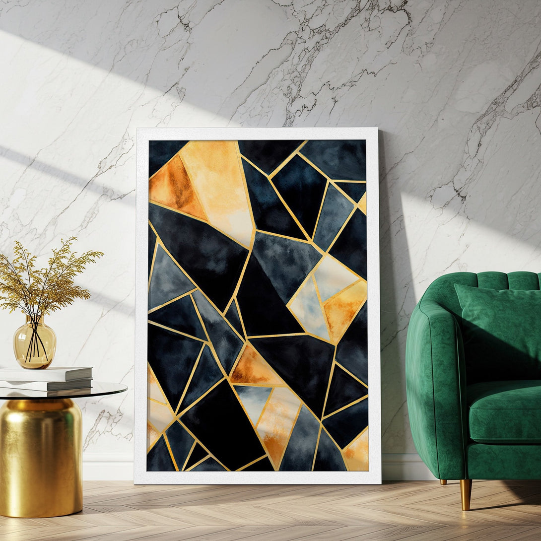 Framed Poster featuring abstract geometric art in navy, gold, and beige watercolor style. Perfect wall decor for modern homes.