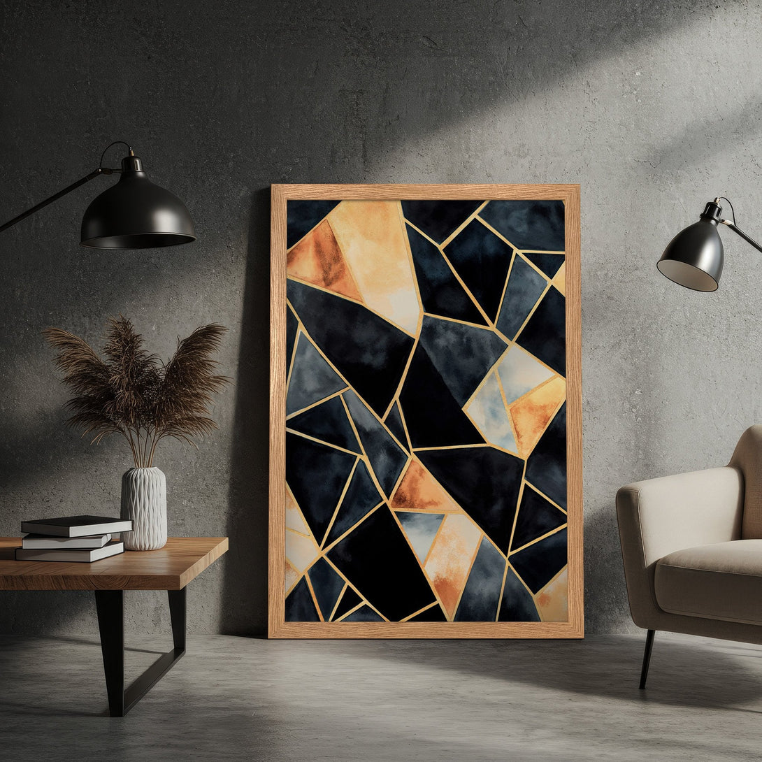 Framed Poster featuring a geometric abstract design in navy, gold, and copper tones. Modern art for stylish home decor.