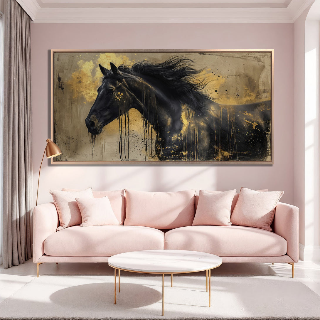 Framed Wall Art: Stunning black horse painting with gold accents. Adds elegance to any space. Perfect for modern decor. Features a warm, neutral color palette.
