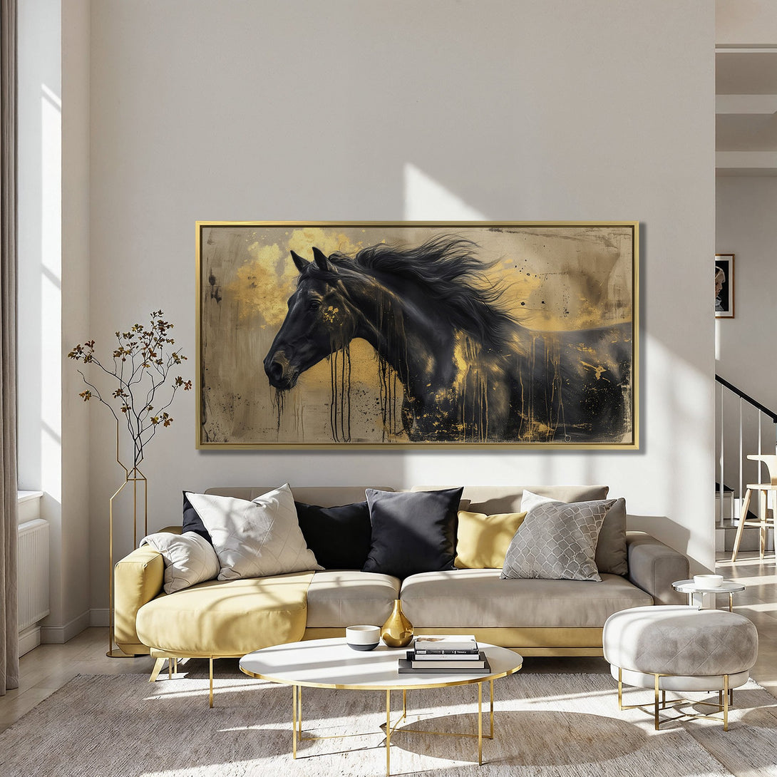 Canvas Print of a majestic black horse with gold accents. Dramatic abstract art in a modern interior with teal walls and red chairs.
