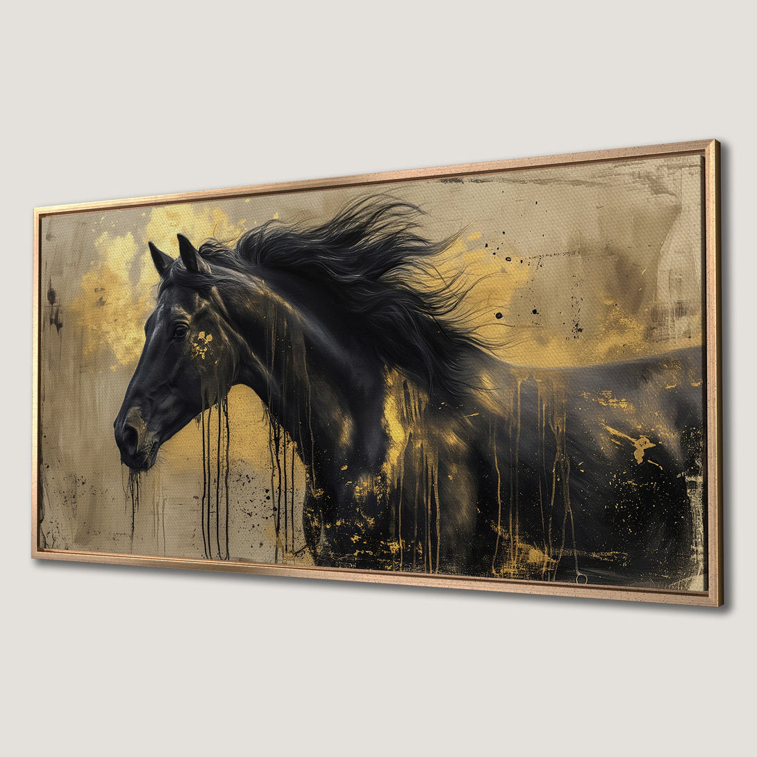 Framed Wall Art: Black horse painting with gold accents. Modern abstract style, neutral and gold color palette. Elevate your home decor!
