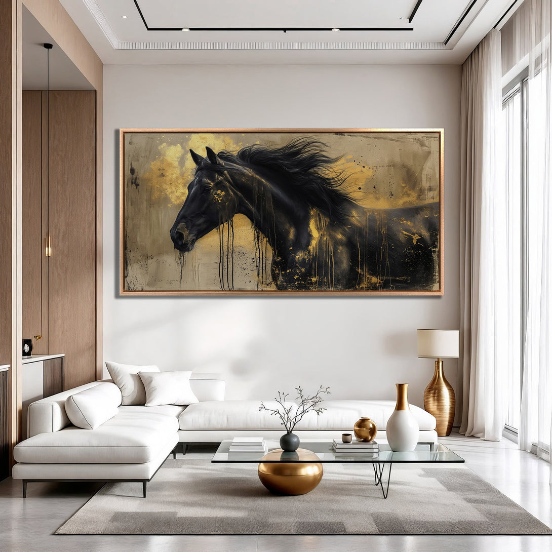 Framed Wall Art: Stunning black horse painting with gold accents. Modern art canvas print in a luxurious interior, featuring a neutral color palette.