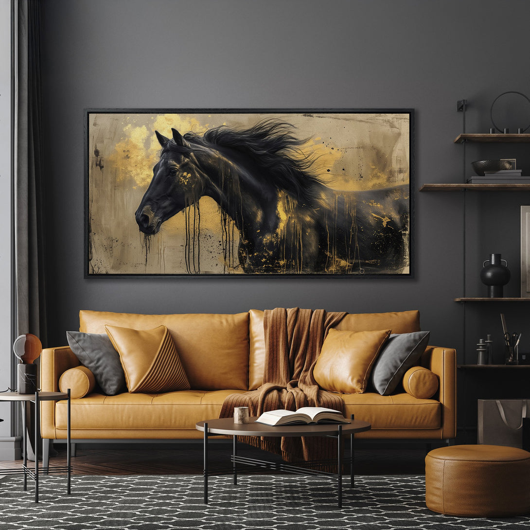 Framed Wall Art: Stunning black horse painting with gold accents. Modern, abstract style in a warm, neutral color palette. Perfect for living room decor.