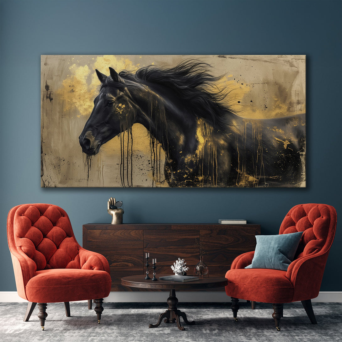 Framed Wall Art: Majestic black horse painting with gold accents. Modern, elegant decor with a neutral and gold color palette. Elevate your space!