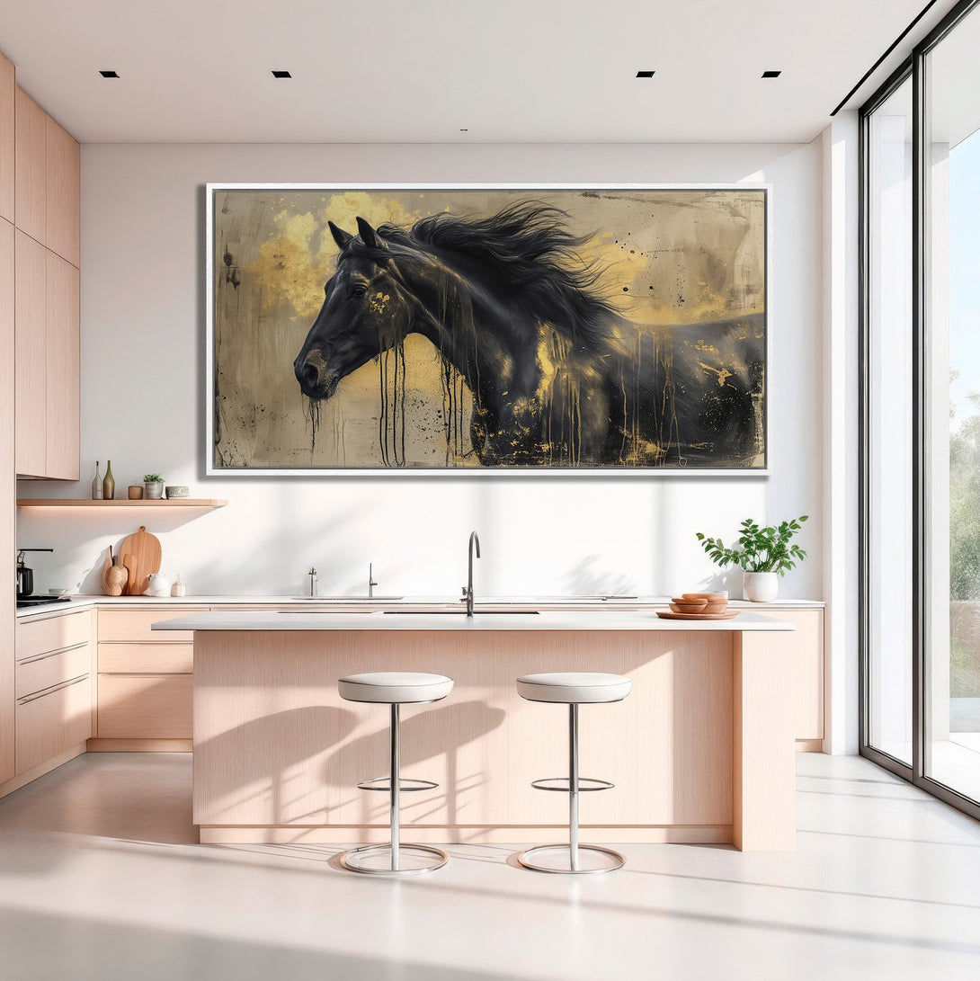 Framed Wall Art: Stunning black horse painting with gold accents. Modern art canvas print in a neutral, elegant kitchen setting.