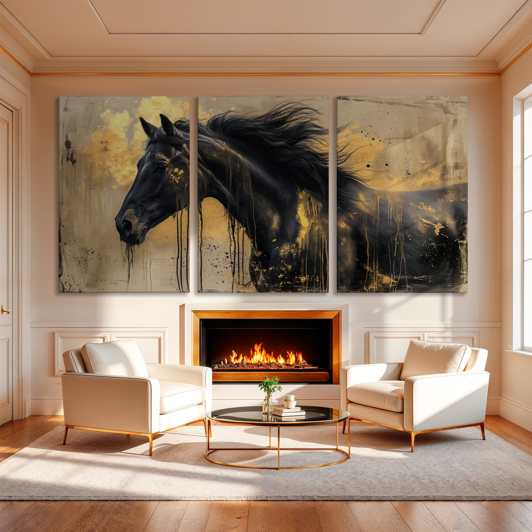Canvas Print of a majestic black horse with gold accents, displayed in a luxurious interior. Modern abstract art with a neutral and gold color palette.