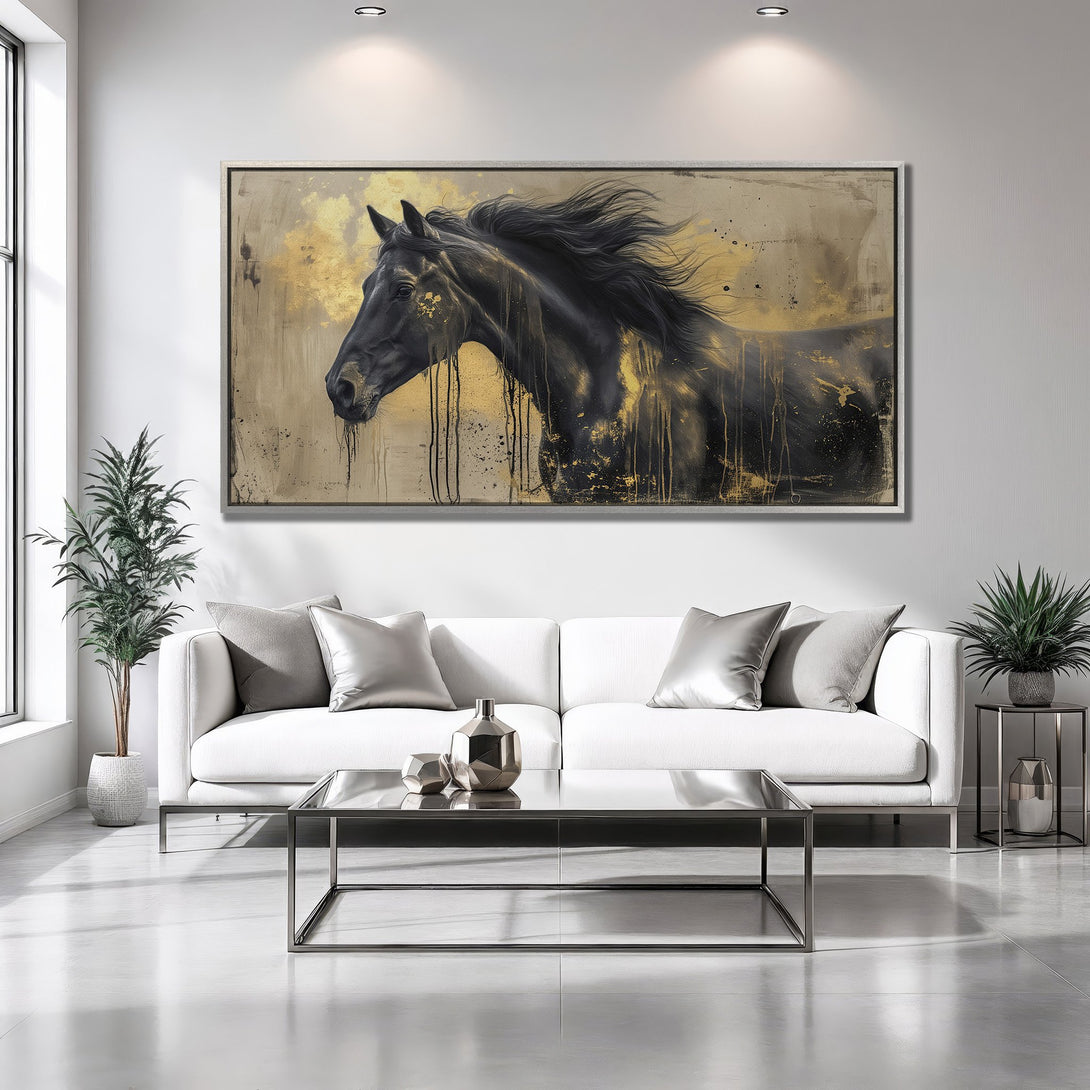 Framed Wall Art: Black horse painting with gold accents. Modern art canvas print in a neutral interior. Elevate your home decor with this stunning piece.