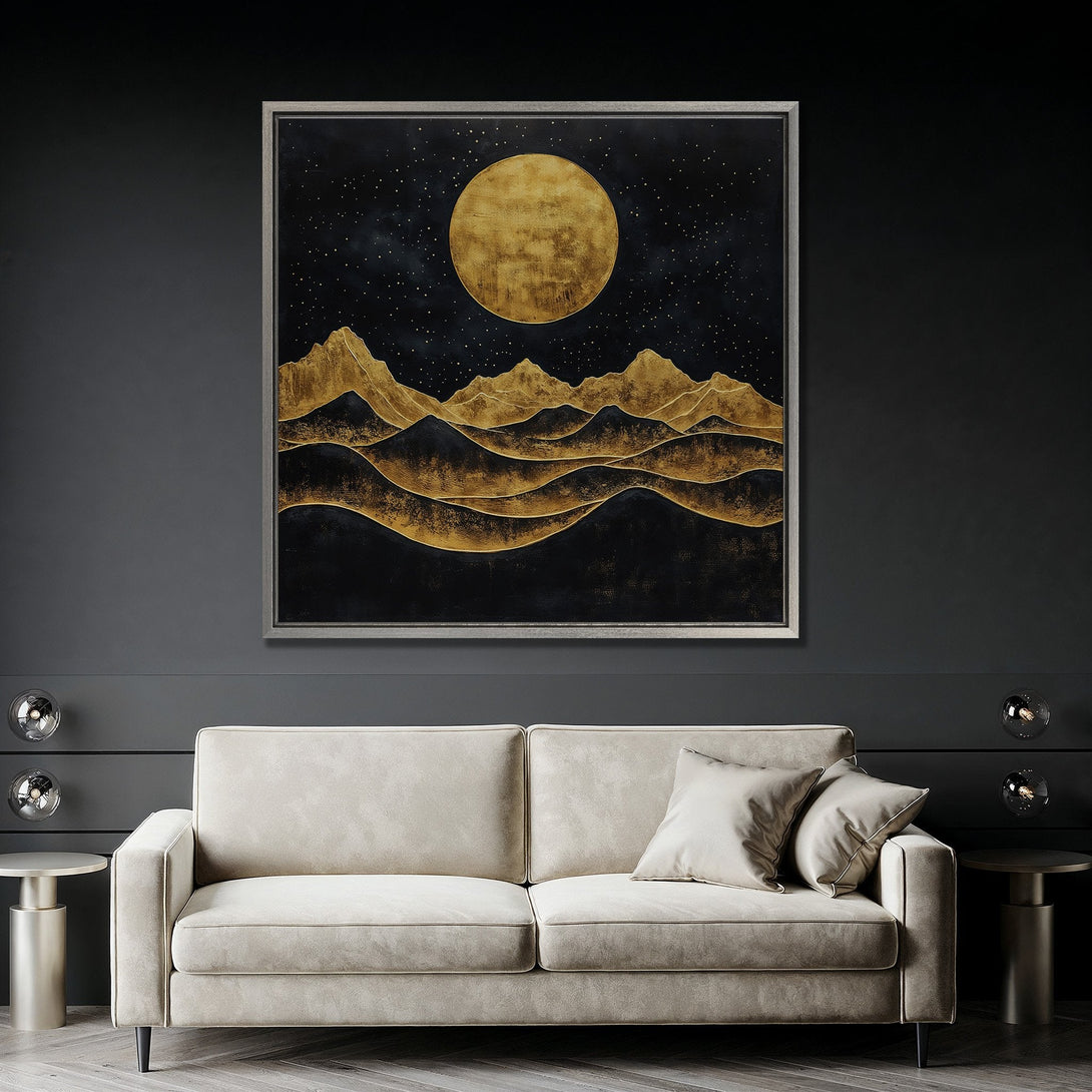 Framed Wall Art: Abstract gold mountain landscape Canvas Print. Modern art with a dark, moody color palette perfect for living room decor.