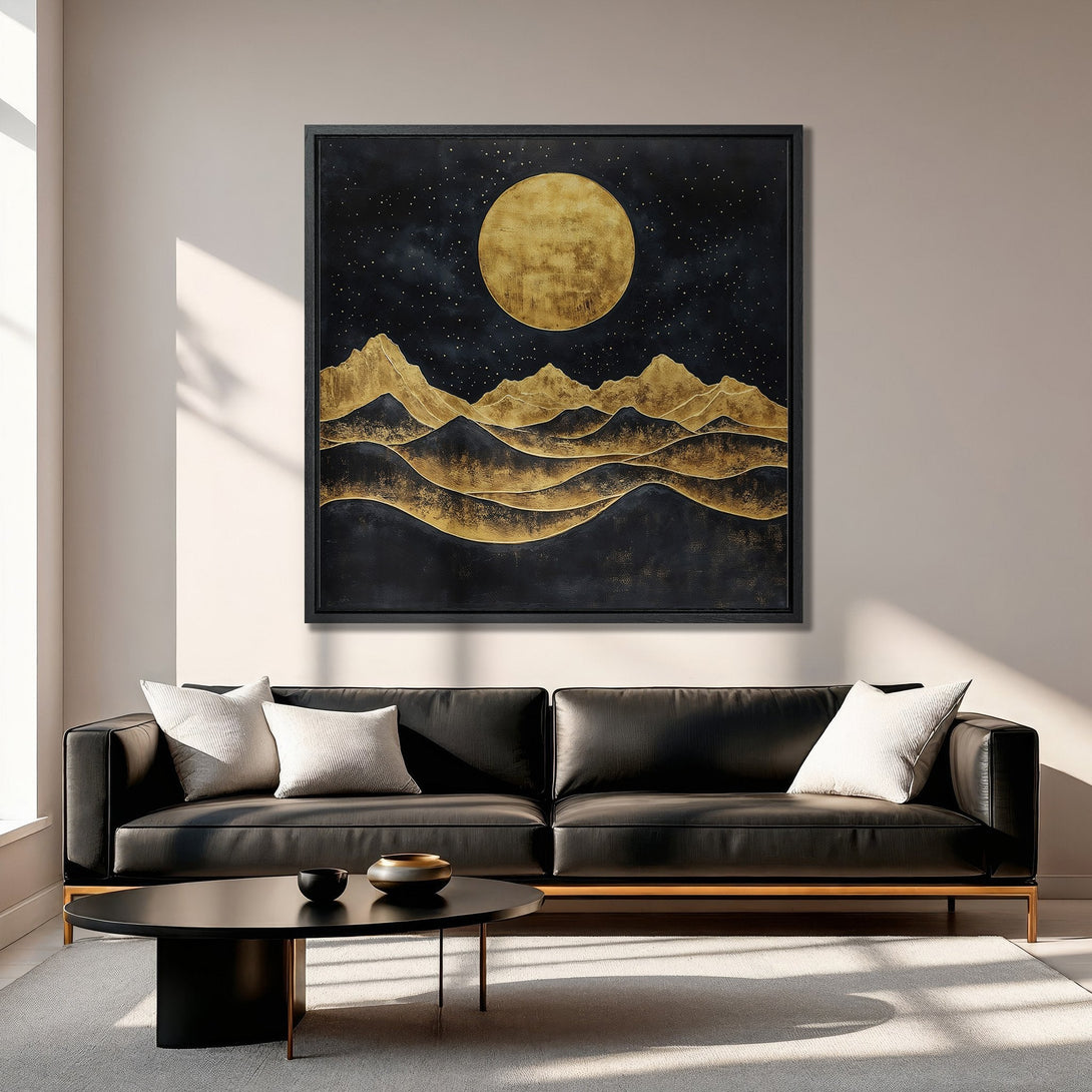 Framed Wall Art: Abstract gold moon and mountain landscape Canvas Print. Modern art with black and gold color palette. Perfect for living room decor.