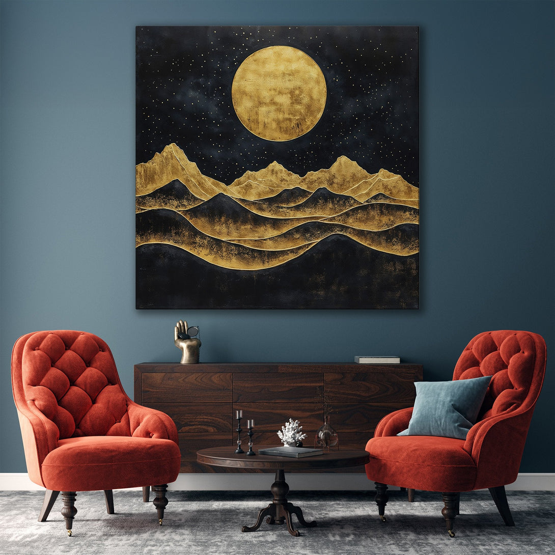 Framed Wall Art: Abstract gold moon and mountain landscape. Modern art in a luxurious interior with a gold and black color palette. Canvas Print available.