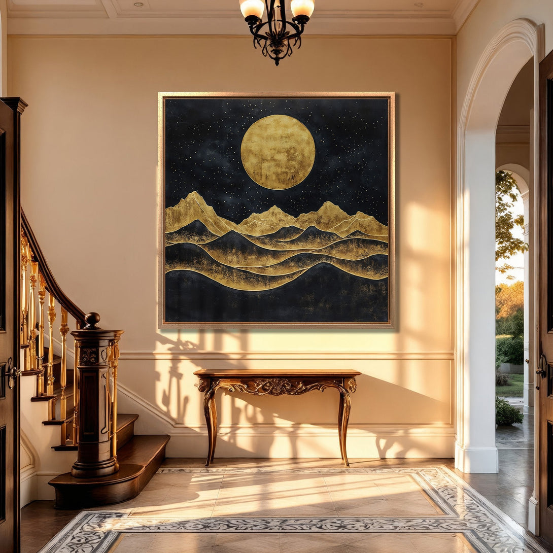 Framed Wall Art: Abstract landscape Canvas Print in gold and black, displayed in a luxurious interior. Modern art with a neutral color palette.