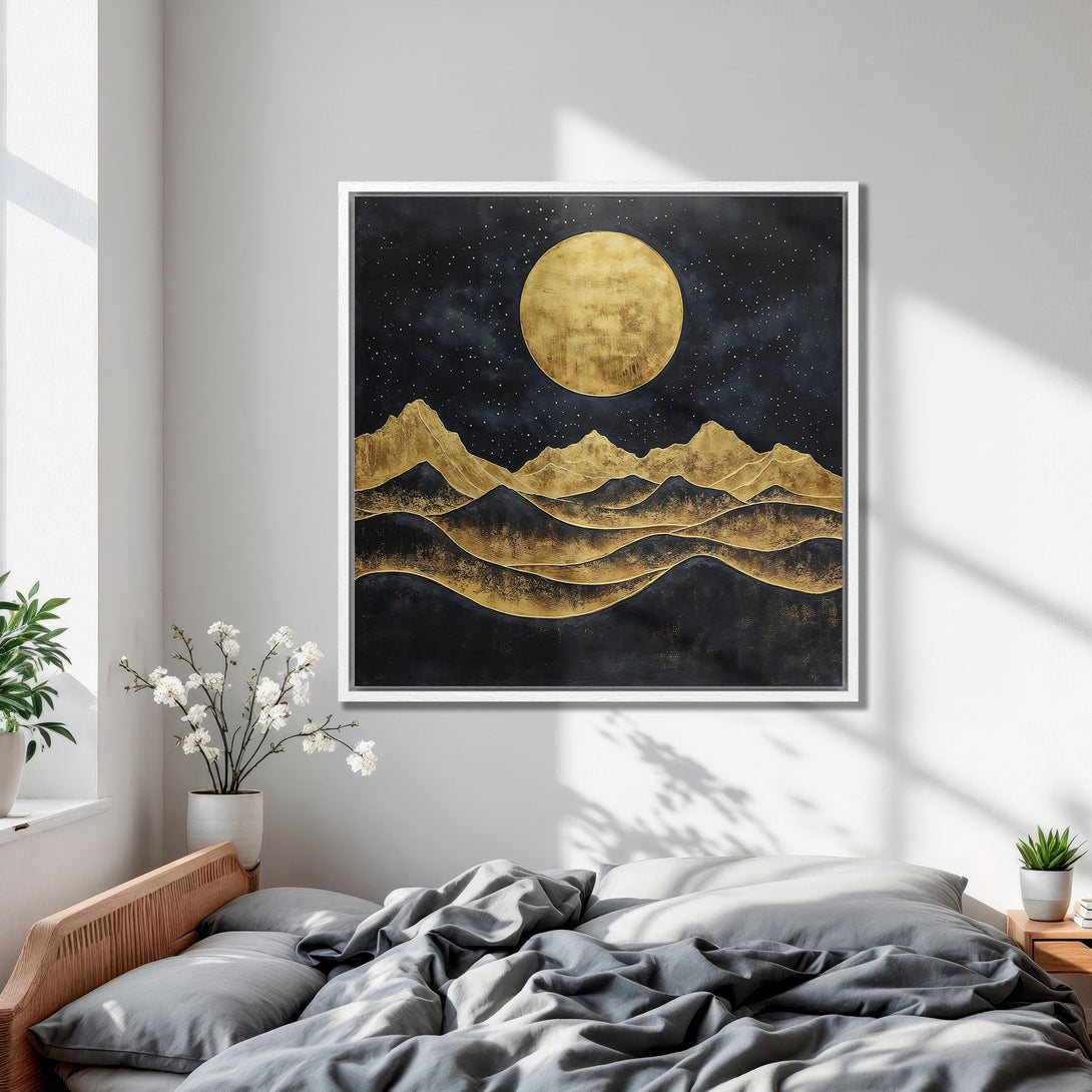Framed Wall Art featuring a gold and black abstract landscape. Modern art canvas print with a celestial theme, perfect for bedroom decor.
