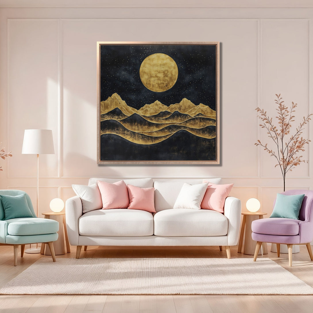 Framed Wall Art: Abstract landscape Canvas Print with gold and black tones. Modern art for living room decor. Adds a touch of elegance.