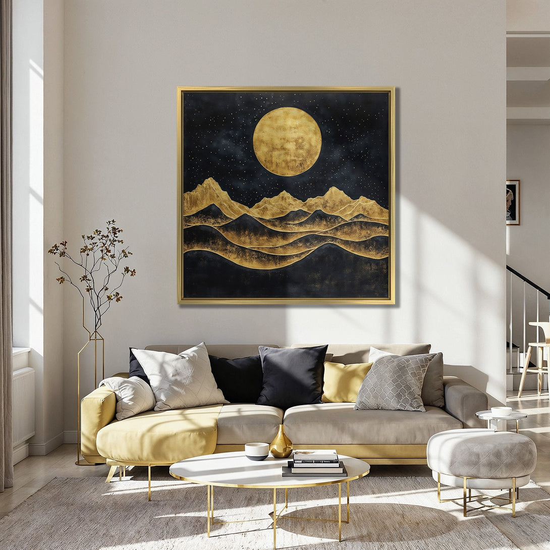 Canvas Print: Abstract gold moon and mountain landscape art. Modern style, black and gold color palette, perfect for home decor.
