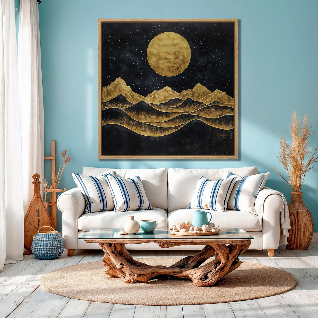 Framed Wall Art featuring a gold and black abstract landscape. Modern style with a warm, inviting color palette. Perfect for living room decor.