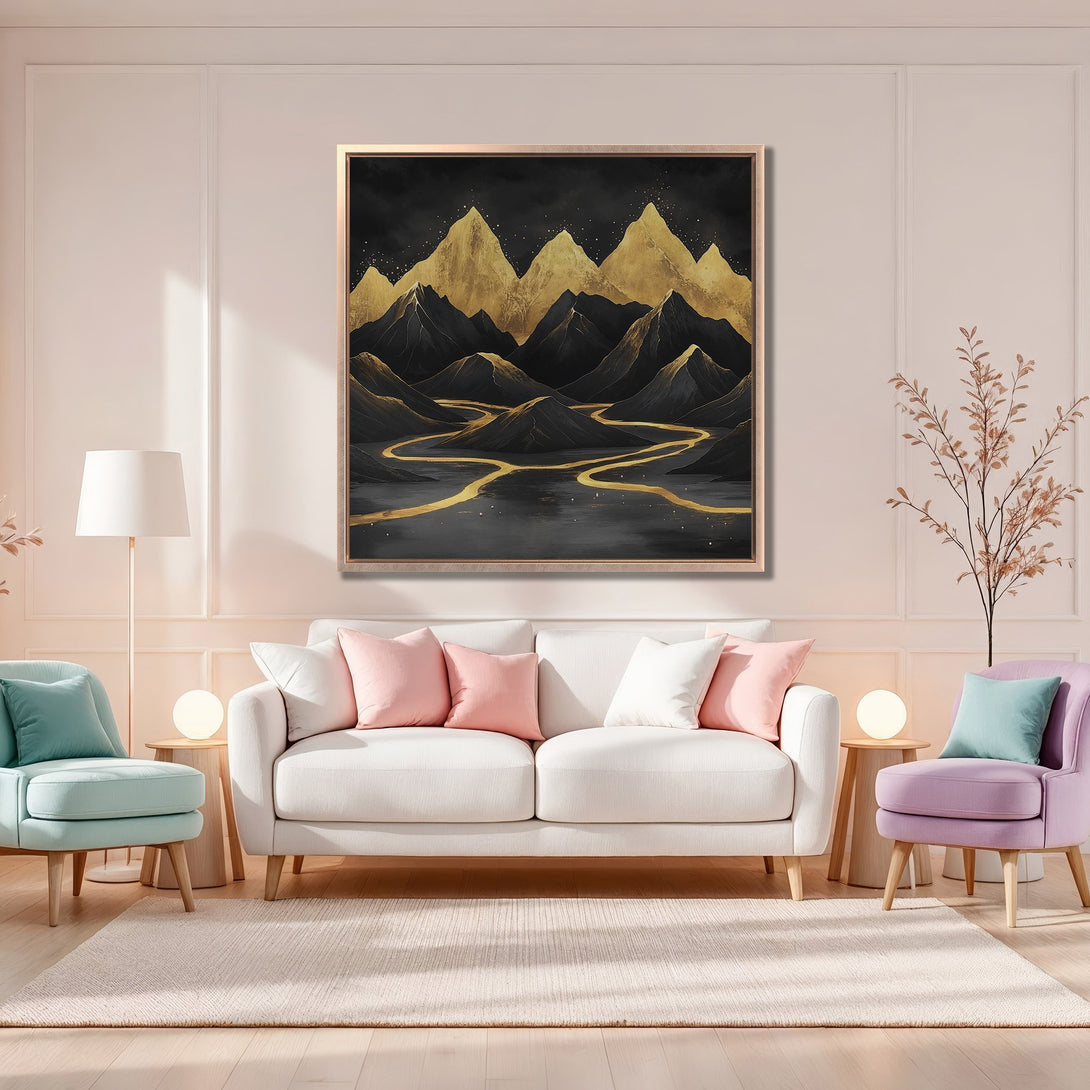 Framed Wall Art: Abstract mountain landscape in gold and black. Modern style canvas print with a luxurious, elegant color palette. Perfect for home decor.