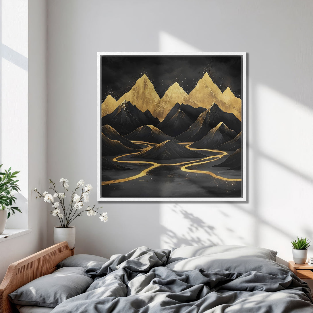 Framed Wall Art: Abstract mountain landscape in gold and black. Modern art print for bedroom decor. Luxurious color palette.