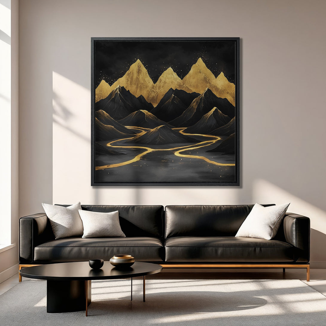 Framed Wall Art: Abstract mountain landscape in gold and black. Modern Canvas Print adds a touch of luxury to any space. Perfect for living rooms!