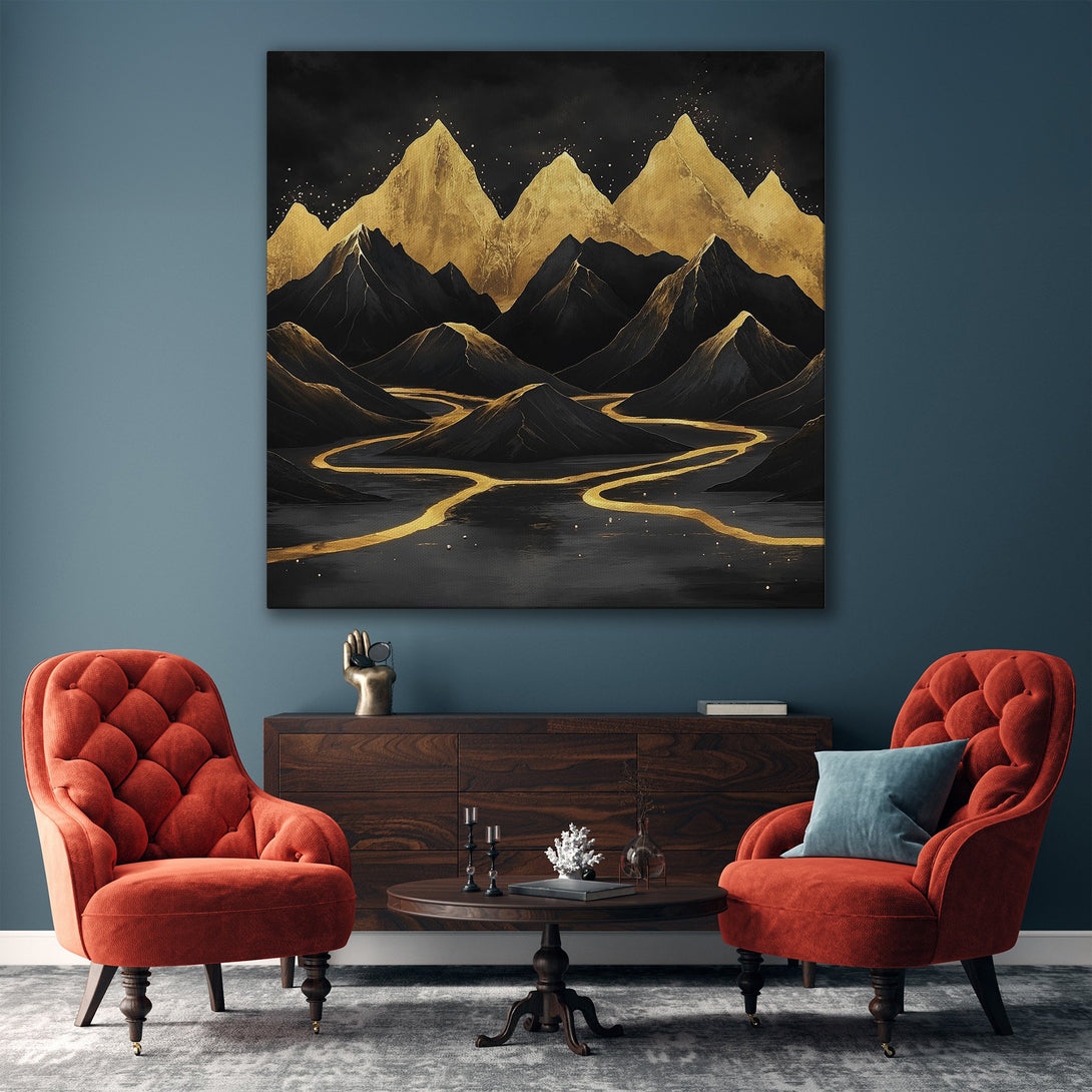 Framed Wall Art featuring a gold and black abstract mountain landscape. Modern art with a luxurious, elegant aesthetic. Ideal for living room decor.