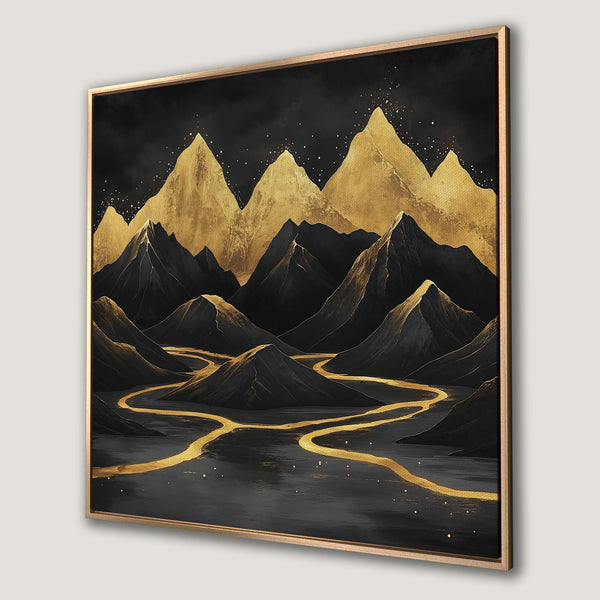 Framed Wall Art: Abstract mountain landscape in gold and black. Modern art canvas print, perfect for adding a touch of elegance to any space.