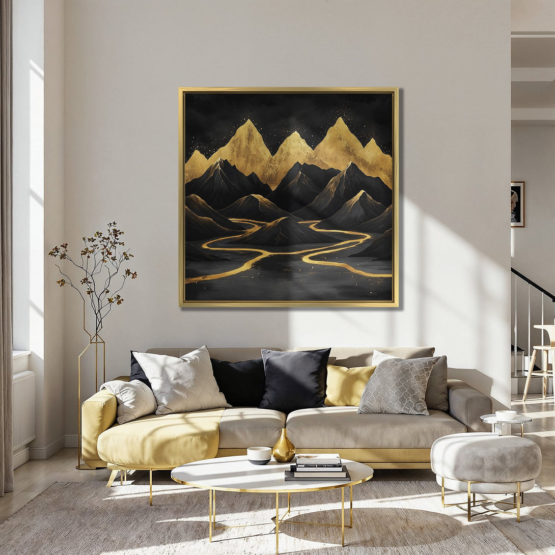 Canvas Print of gold mountain landscape art, modern style, with black, gold, and dark blue color palette, perfect for home decor.
