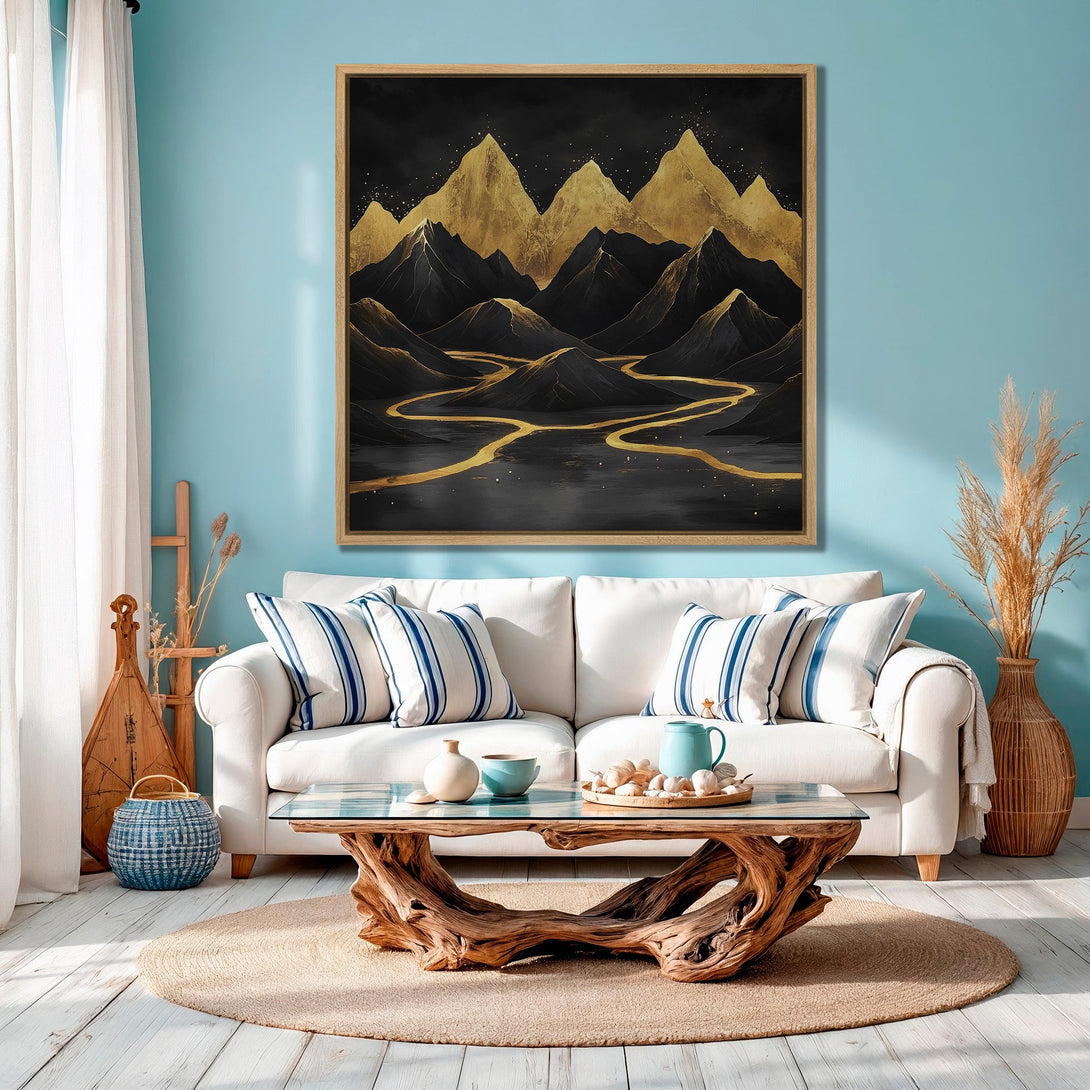 Framed Wall Art: Abstract mountain landscape in gold and black. Modern style, perfect for living room decor. Beautiful color palette.