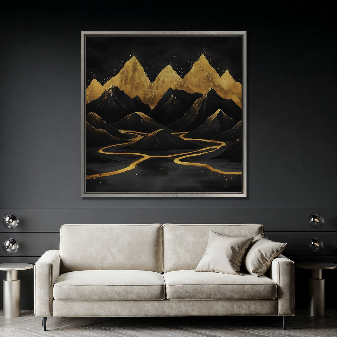 Framed Wall Art featuring a gold and black mountain landscape painting. Modern abstract style with a luxurious, dark color palette.