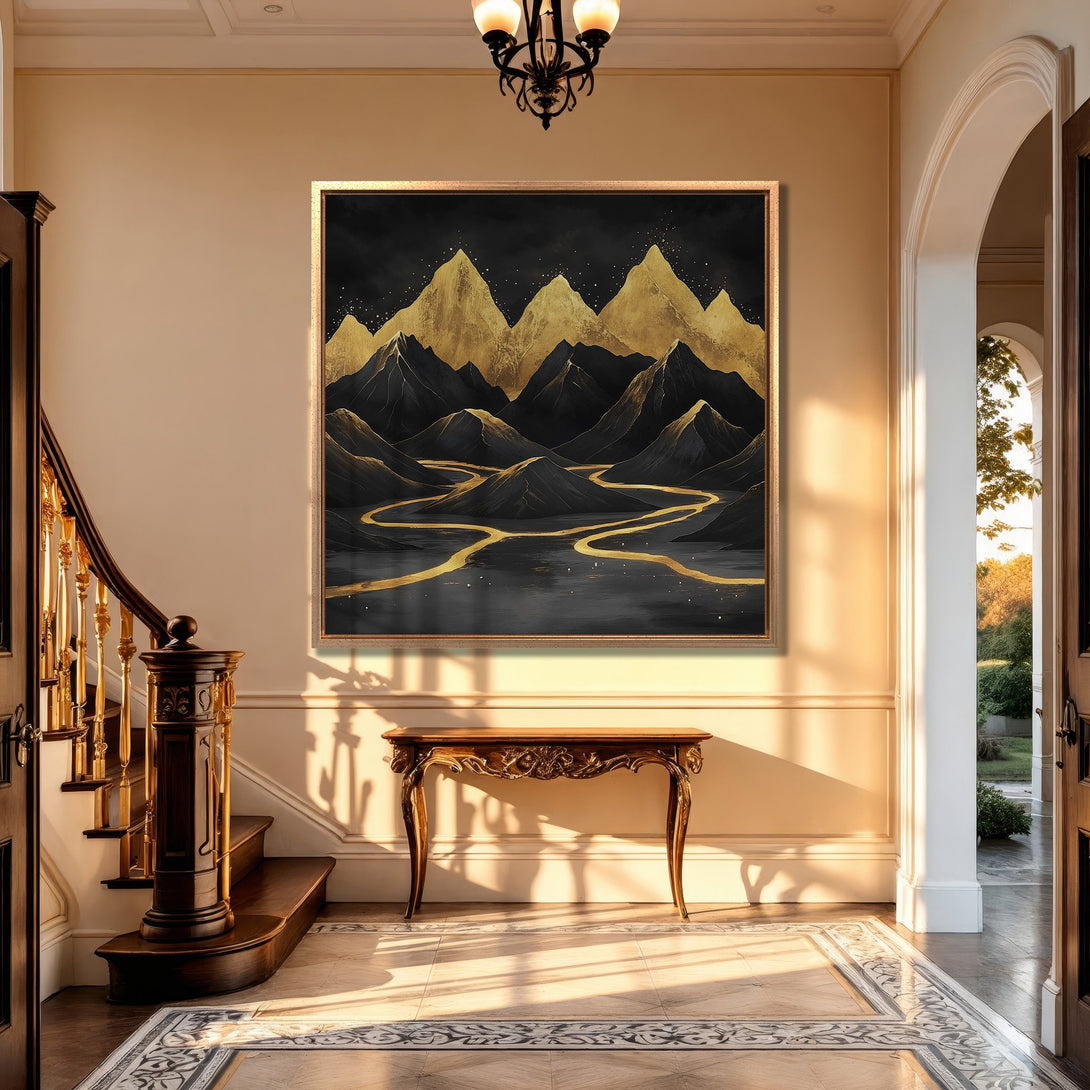 Framed Wall Art: Abstract mountain landscape in gold and black, displayed in a luxurious interior. Modern art with a sophisticated color palette.