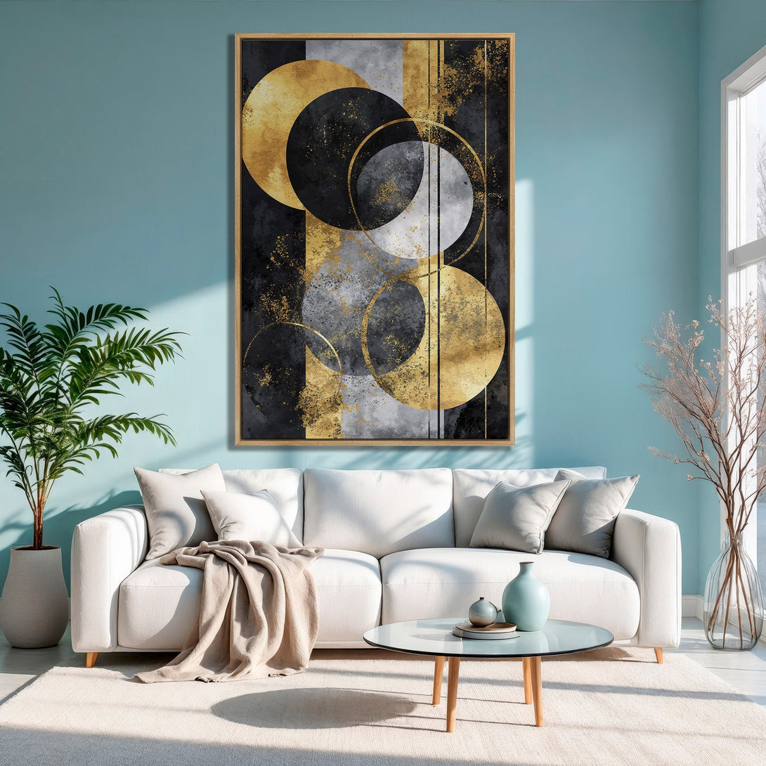 Framed Wall Art: Abstract gold, black, and grey circles canvas print. Modern art with a luxurious aesthetic, perfect for living room decor.