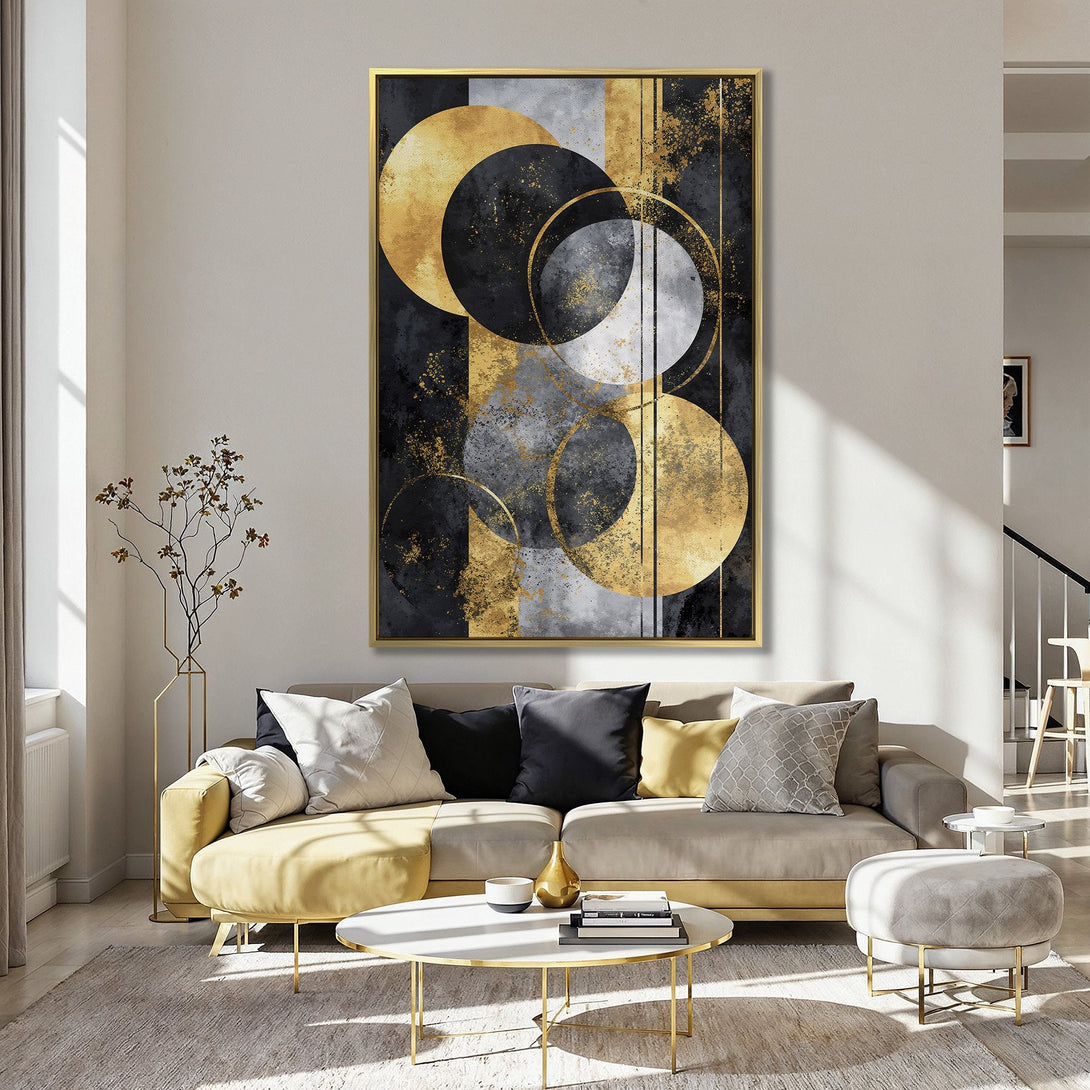 Abstract Canvas Print with gold, black, and gray geometric shapes. Modern wall art for a stylish interior.