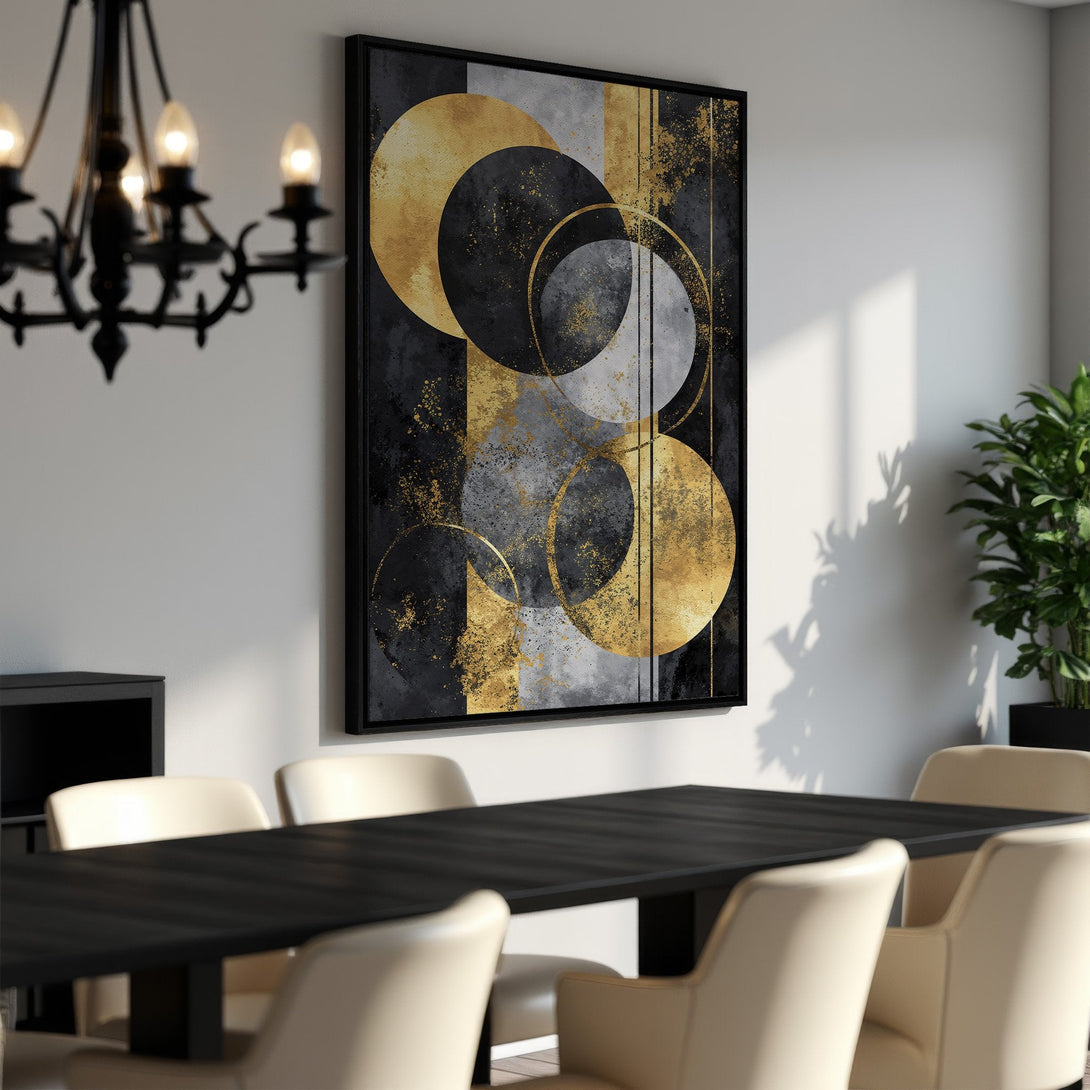 Framed Wall Art: Abstract geometric art in gold, black, and gray. Modern canvas print adds a touch of elegance to any dining room. Shop now!