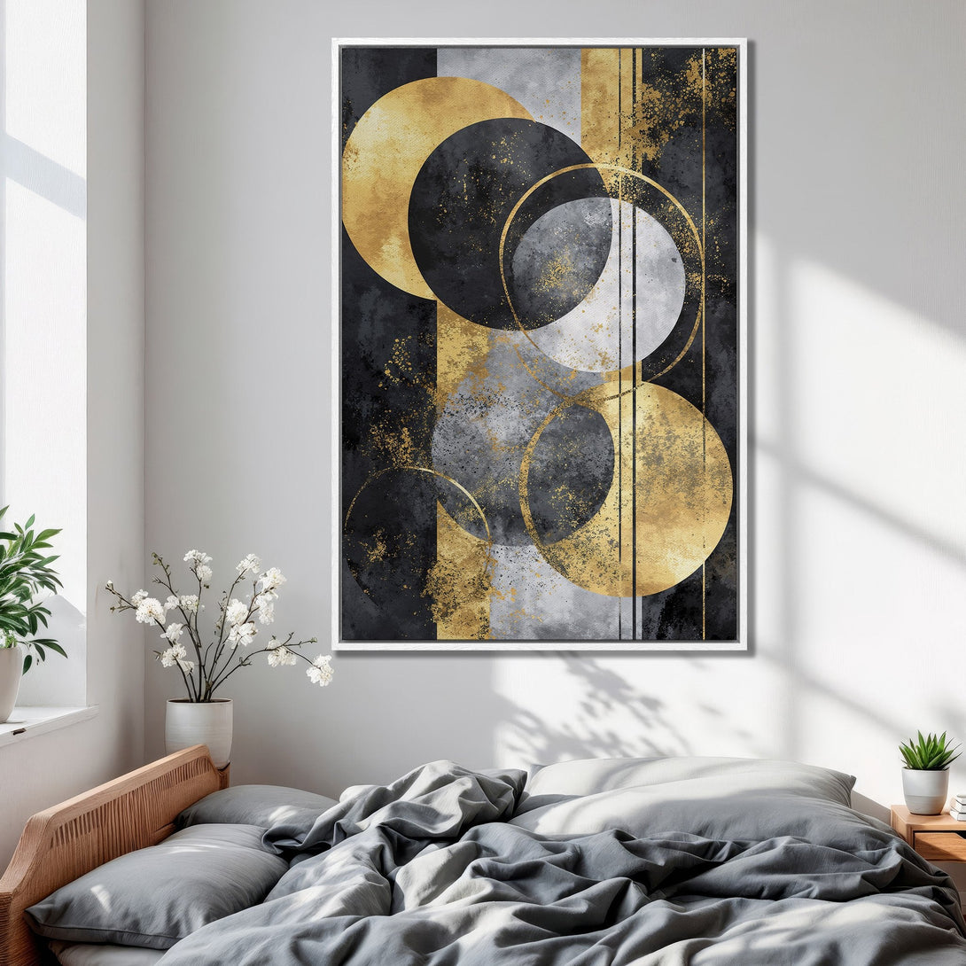 Framed Wall Art: Abstract geometric art in gold, black, and gray. Modern canvas print adds a touch of elegance to any bedroom decor.