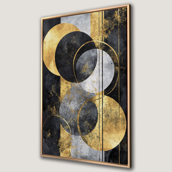 Framed Wall Art featuring an abstract geometric design with gold, black, and gray elements. Modern canvas print perfect for adding a touch of luxury to your space.