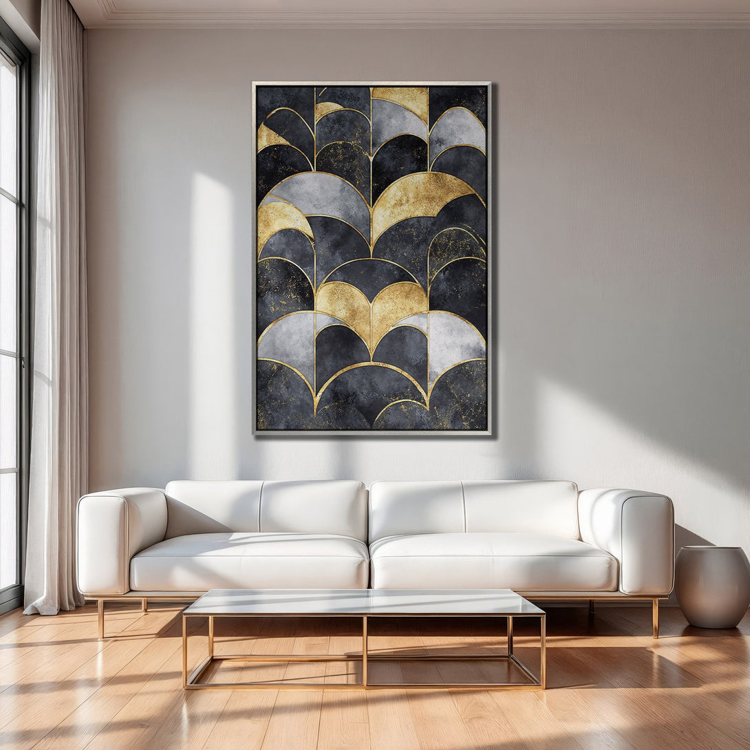 Framed Wall Art: Abstract geometric design in black, gold, and gray. Modern canvas print adds a touch of luxury to any interior.