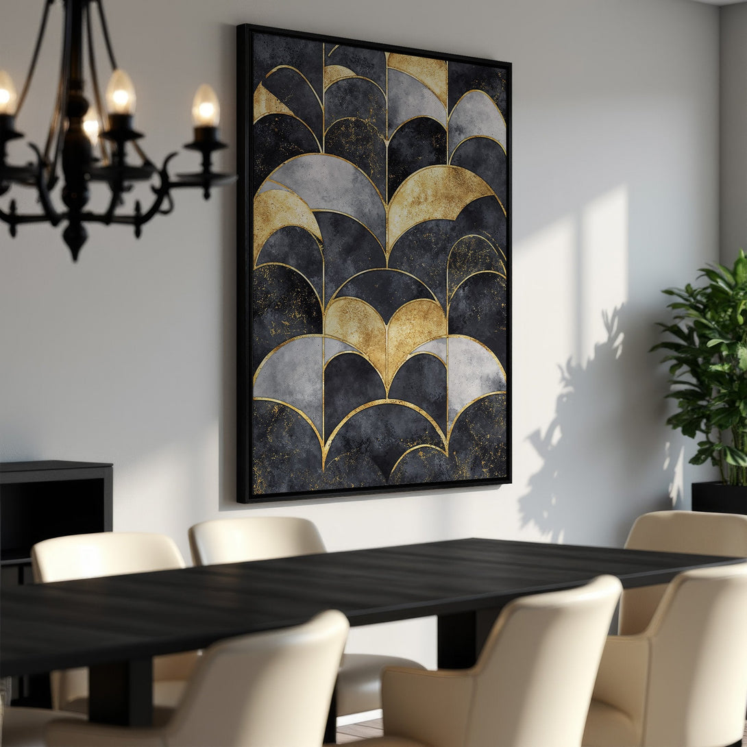 Framed Wall Art: Modern abstract art print in black, gold, and gray tones. Stylish decor for dining room. Elevate your space with this stunning canvas print.