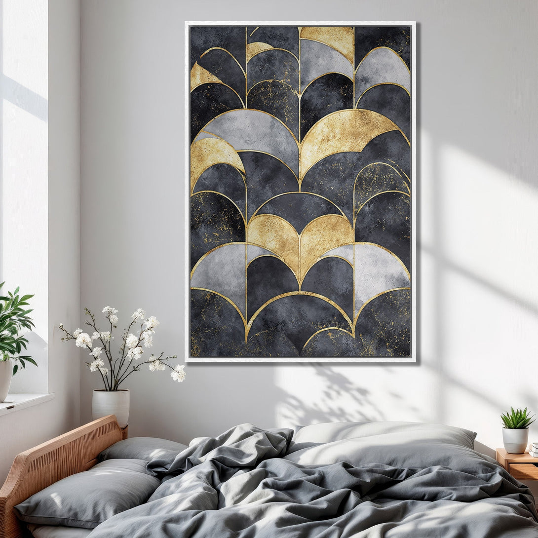 Framed Wall Art featuring an abstract geometric design in black, gold, and gray. Modern art piece perfect for bedroom decor.