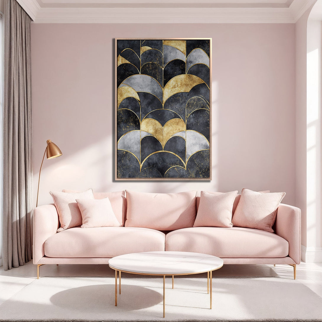 Framed Wall Art: Modern abstract design in gold, black & gray, displayed above a pink sofa. Elevate your space with this stylish canvas print!