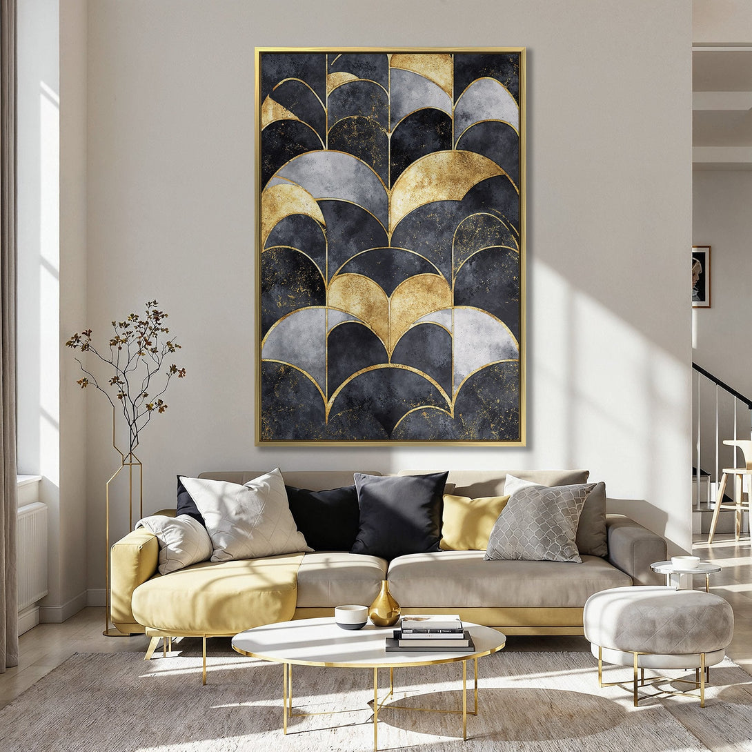 Canvas Print: Abstract geometric art in black, gold, and gray tones. Modern wall decor for a stylish interior.