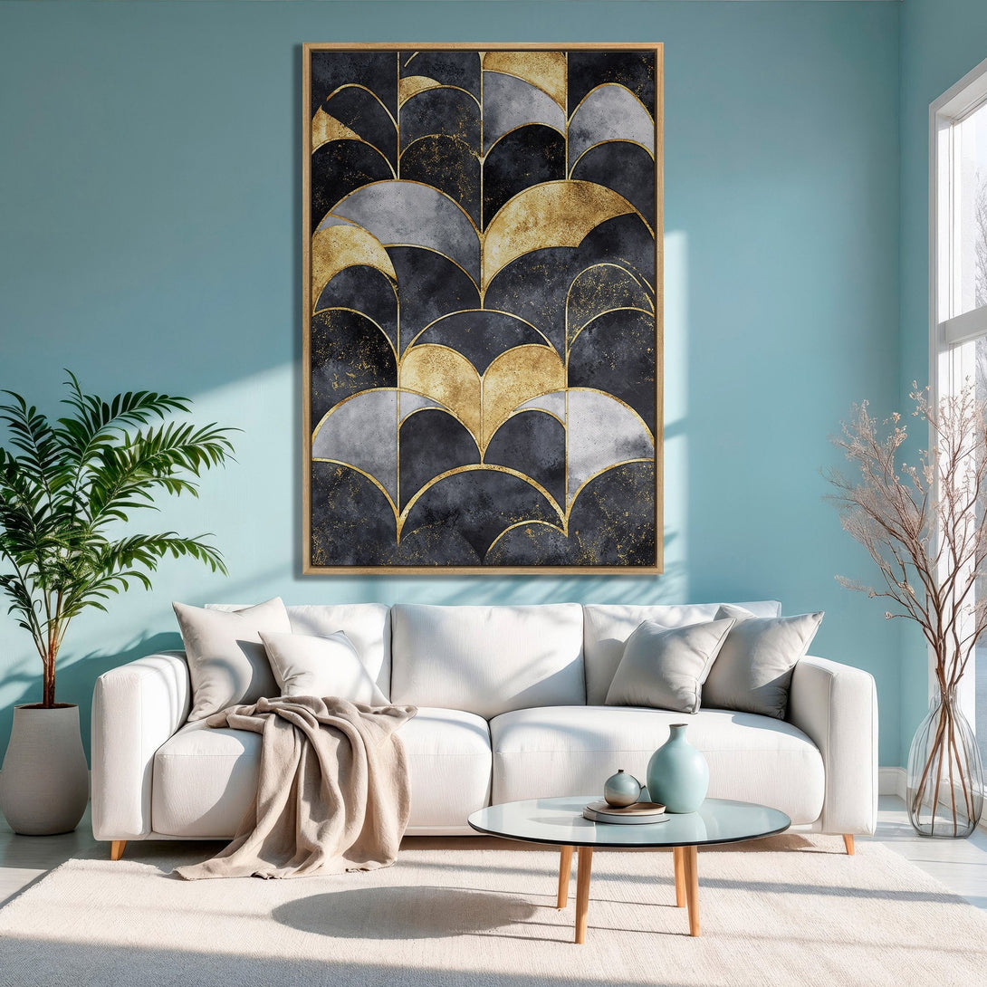 Framed Wall Art: Abstract geometric design in black, gold, and gray. Modern art canvas print adds a touch of elegance to any living room.