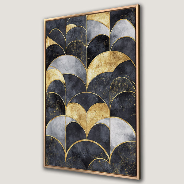 Framed Wall Art: Abstract geometric design in black, gold, and gray. Modern canvas print perfect for adding a touch of luxury to your home decor.